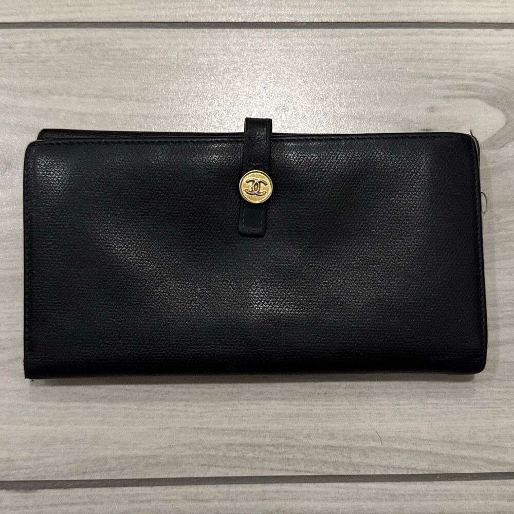 CHANEL Black Leather Long Wallet with Gold CC Button